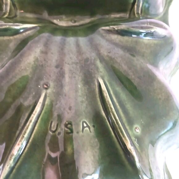 Vintage MCM  Cali Pottery Divided Leaf Dish CALIF. USA 30 Green Drip Glaze - Picture 13 of 13